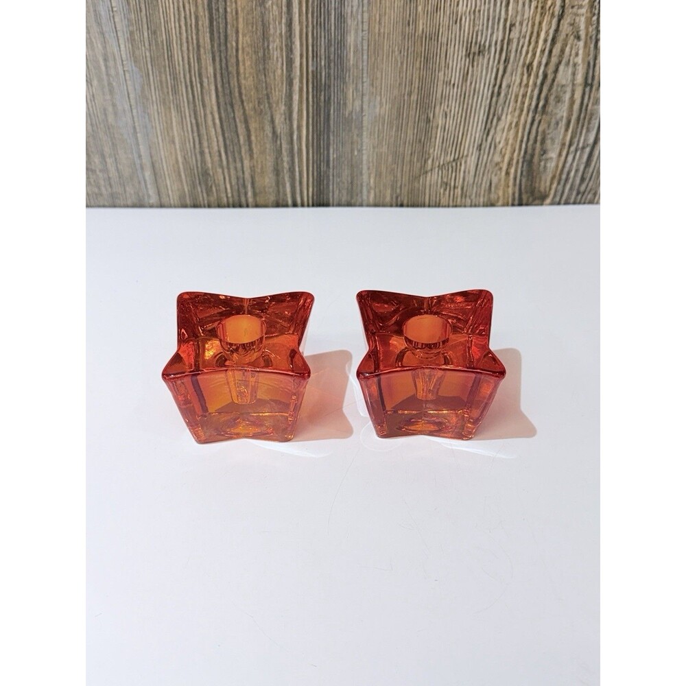 Viking Candle Holders Art Glass Astra Taper Set of 2 Vintage MCM Persimmon Glows